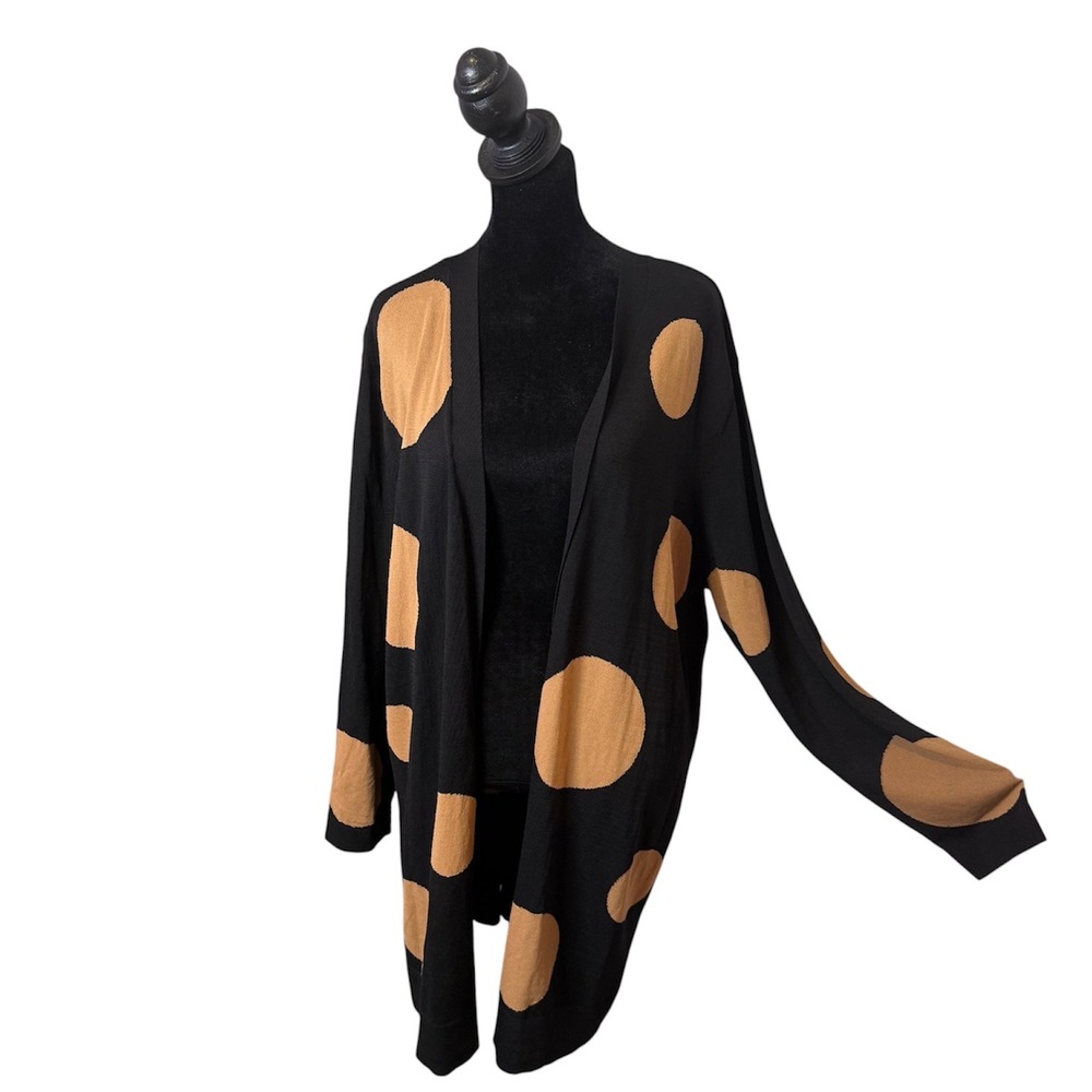 Chicos Open Front Long Polka Dot Cardigan Sweater Size XXL Black Camel Duster
